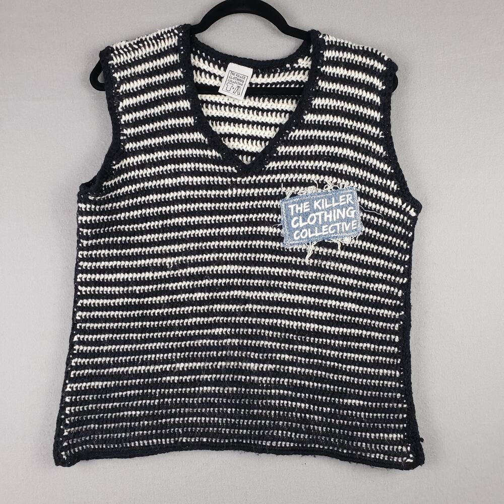 Killer Clothing Collective‎ L Knit Sweater Vest Black Cream Stripe Grunge Punk
